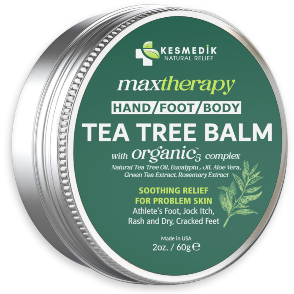 KESMEDIK Tea Tree Oil MaxTherapy Balm packaging shows safe, all-ages skincare use.