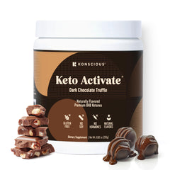Keto Activate dark chocolate truffle tub with rich label for ketosis-friendly use.