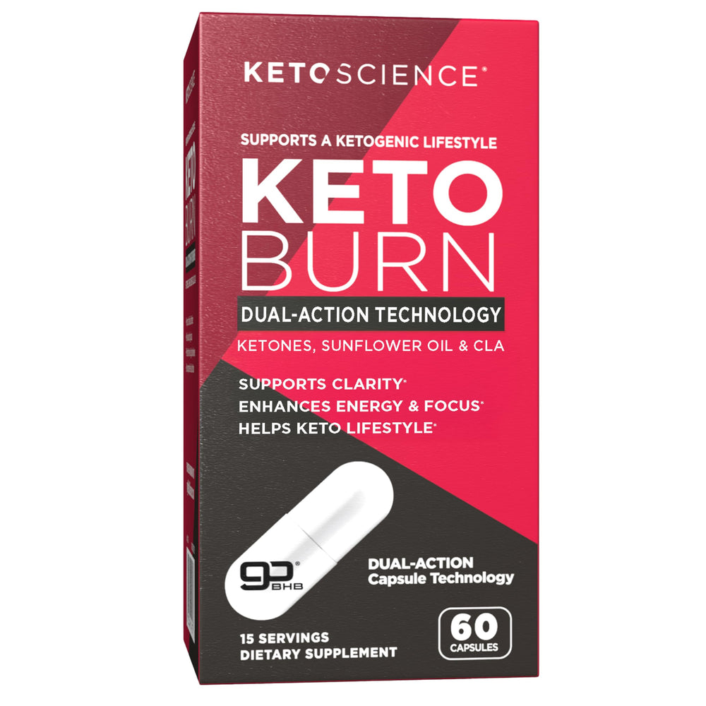 Keto Science Keto Burn bottle pour showing easy exogenous ketone intake for energy support