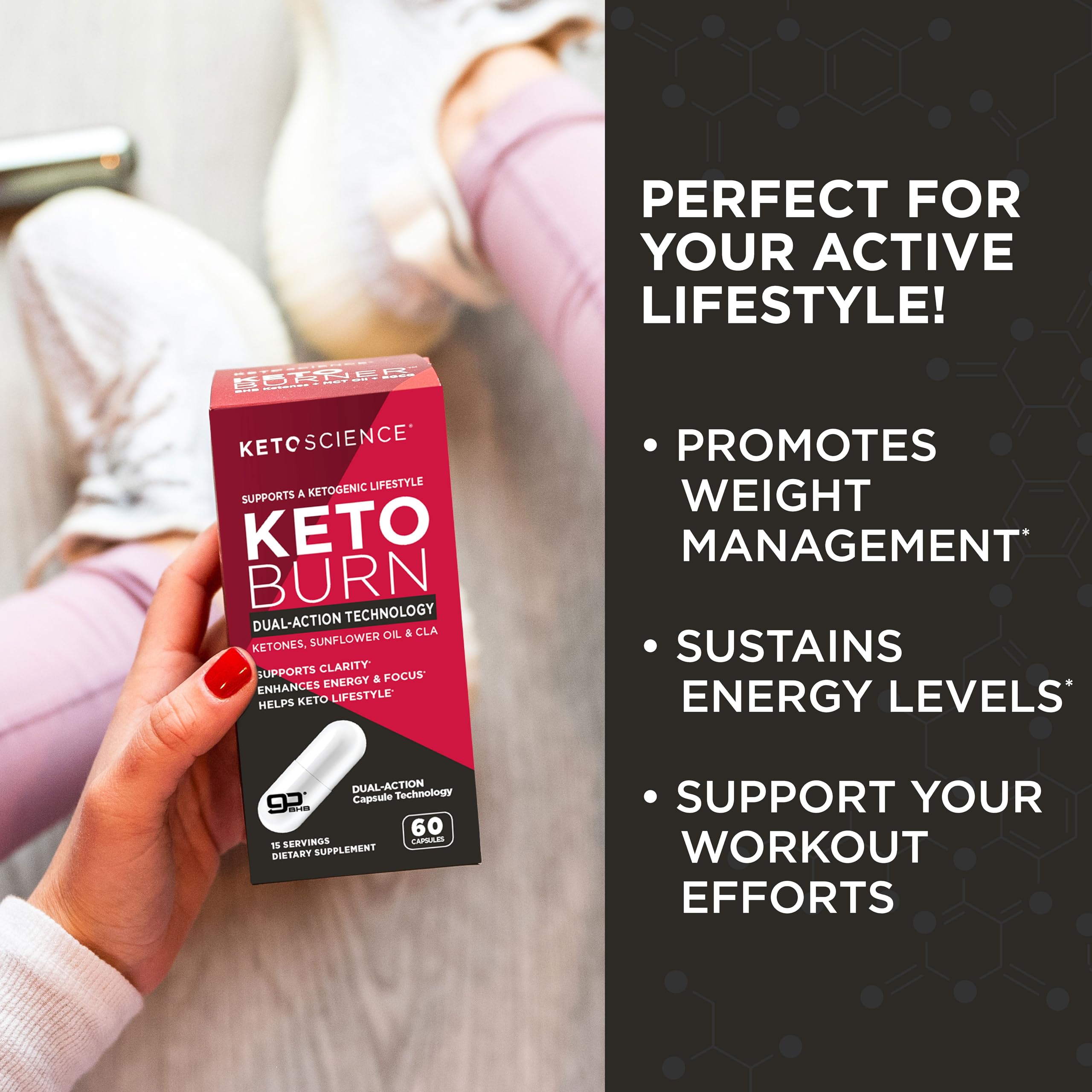 Keto Science Keto Burn bottle and scale illustrate hydration-friendly ketosis support