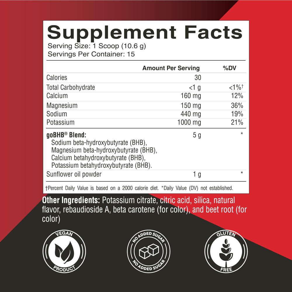Keto Science Ketones Powder canister side label highlights goBHB and electrolytes