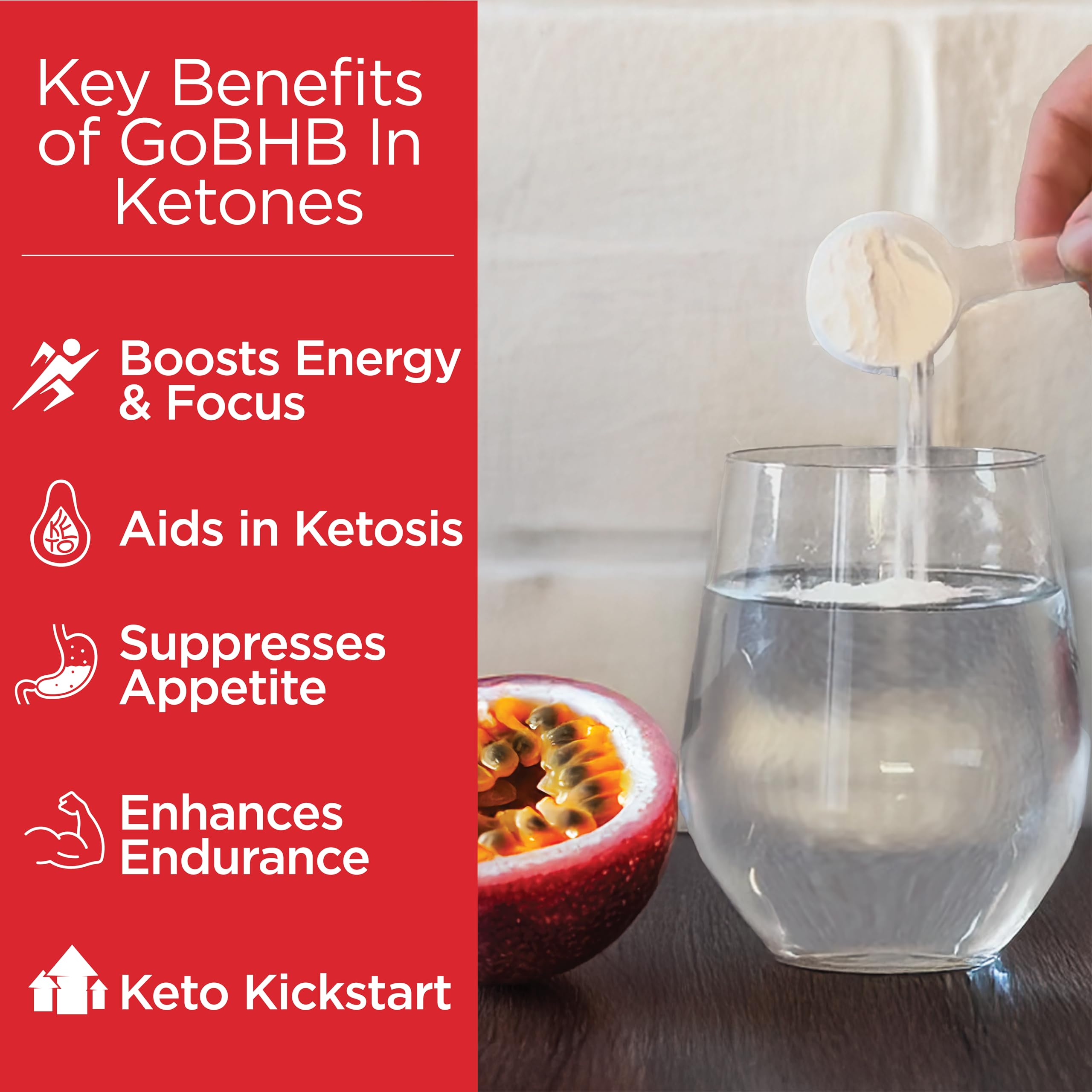 Keto Science Ketones Powder prepared in glass with spoon emphasizing electrolytes