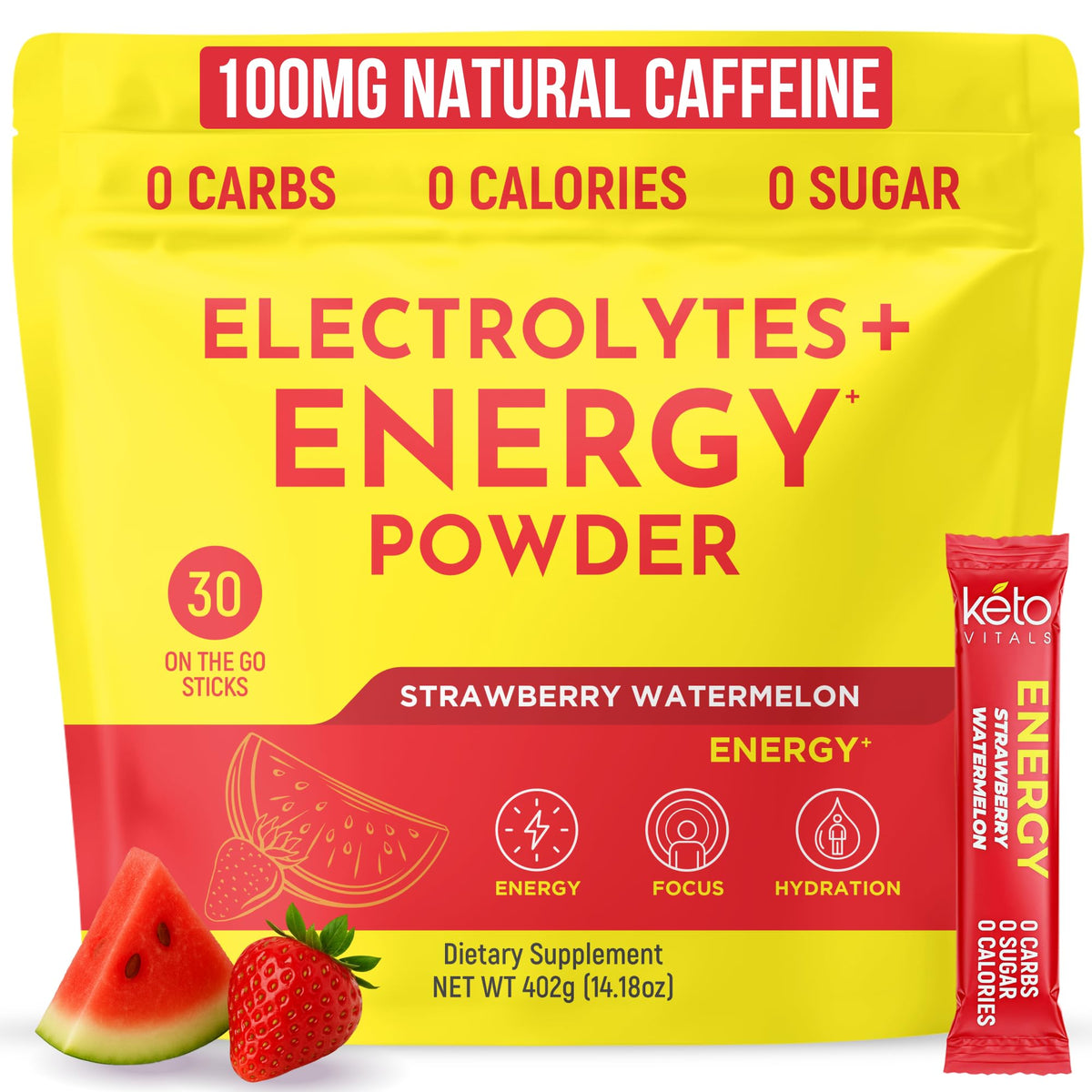 Keto Vitals electrolyte energy powder packet in strawberry watermelon flavor for keto hydration
