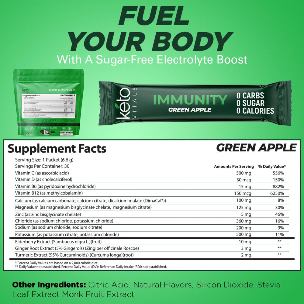 Keto Vitals Immunity Electrolytes green apple dissolving in water supports daily hydration.