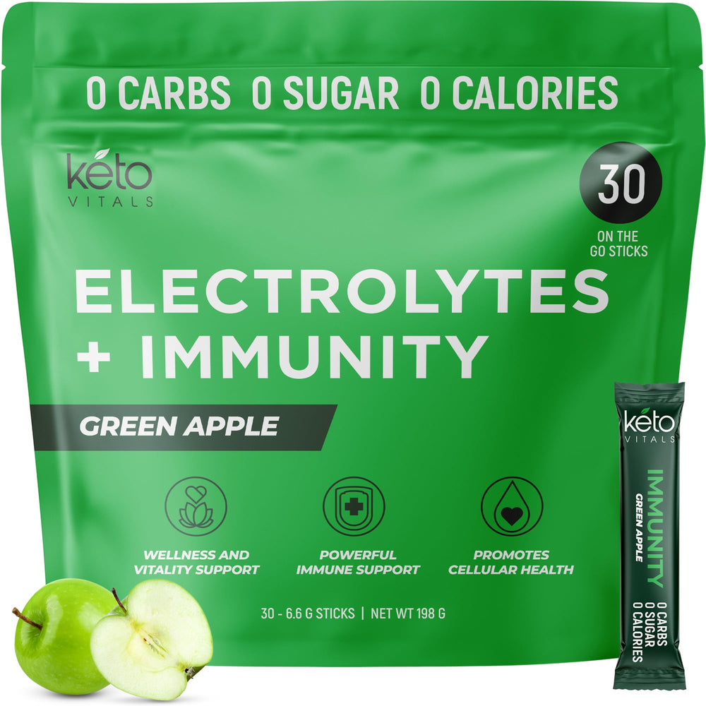 Keto Vitals Immunity Electrolytes green apple packet for hydration and immune support.