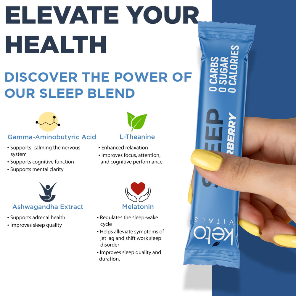 Keto Vitals Sleep Drink night routine scene with single serve sachets.