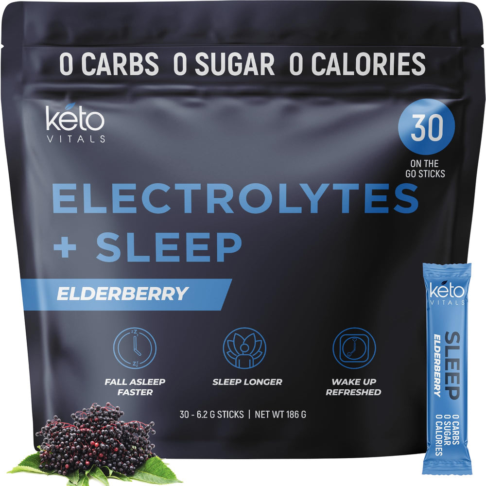 Keto Vitals Sleep Drink packets elderberry closeup emphasizes flavor and hydration.