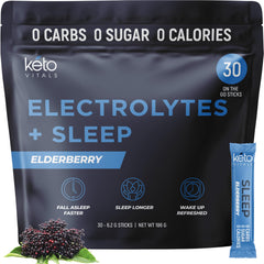 Keto Vitals Sleep Drink packets elderberry closeup emphasizes flavor and hydration.
