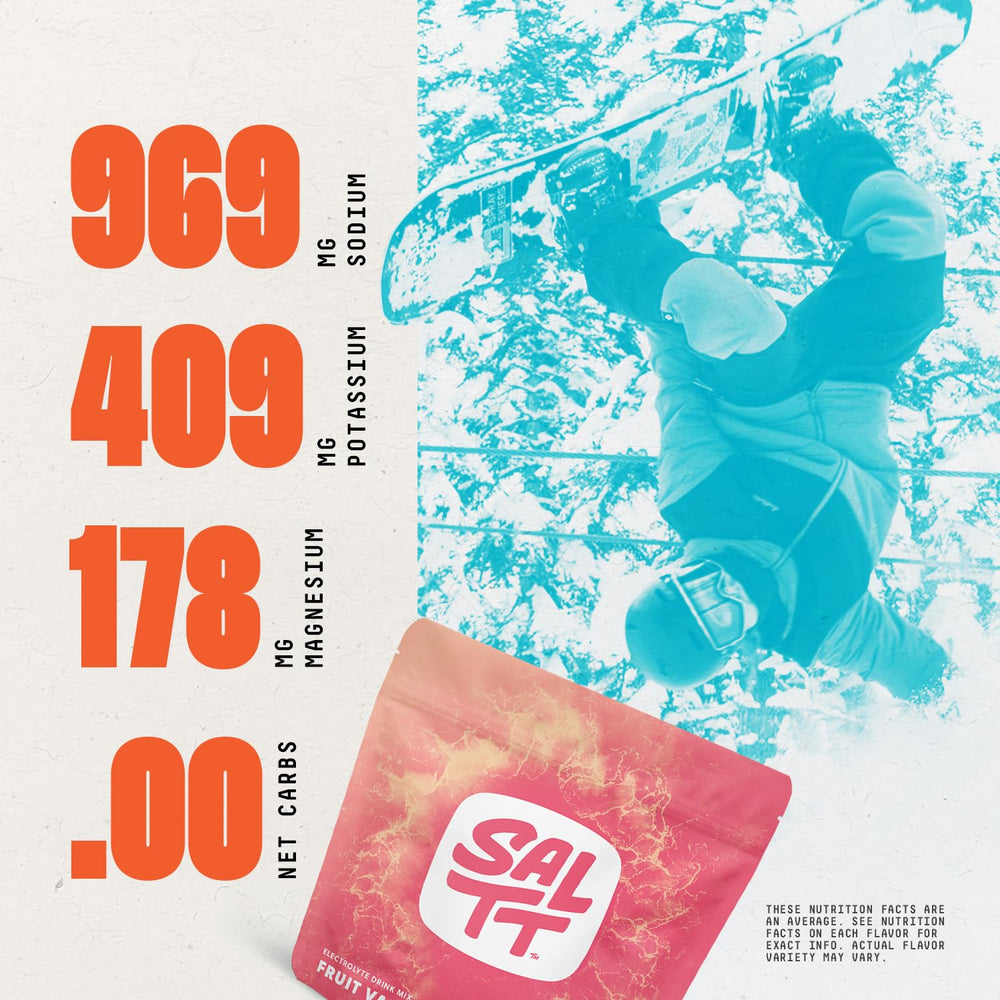 Keto Chow SALTT packets close-up highlighting sugar-free, gluten-free hydration options.