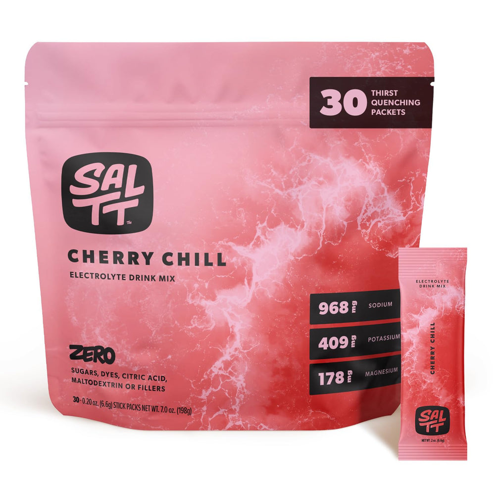 Keto Chow SALTT Cherry Chill packet on table ready for on-the-go hydration.