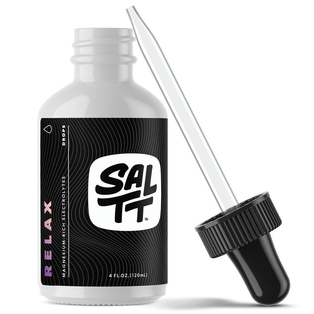 Keto Chow SALTT Relax bottle front view highlighting electrolyte-rich magnesium drops.