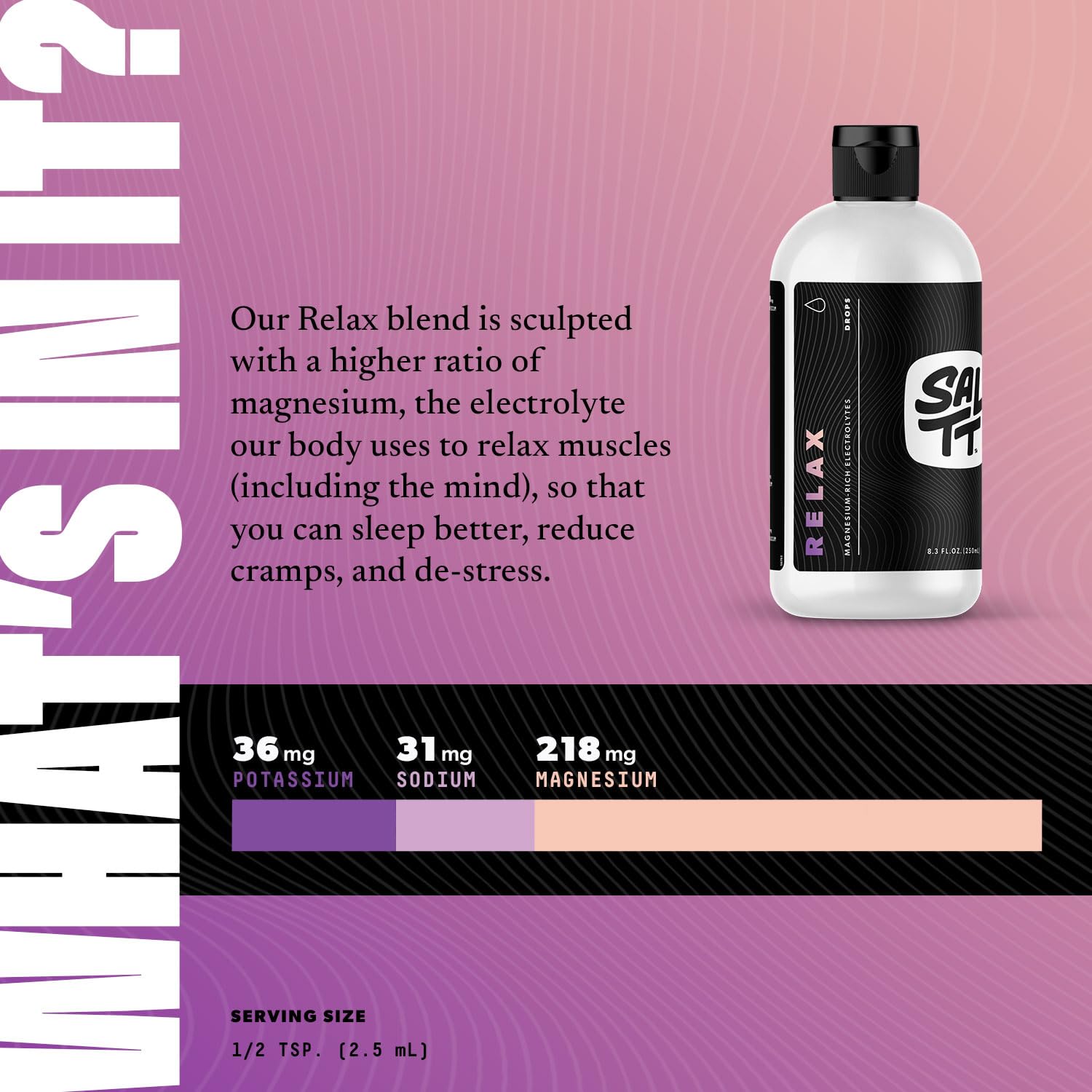 SALTT Relax magnesium drops being poured into a glass for electrolyte hydration.