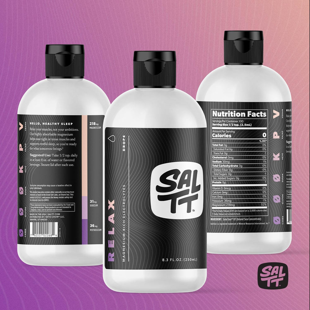 Keto Chow SALTT Relax bottle shown alongside gluten-free and sugar-free claims.