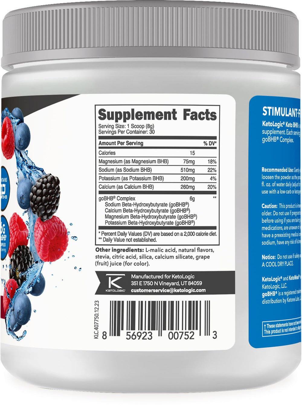 Ketologic BHB nutrition label focusing on ingredients and third-party testing.