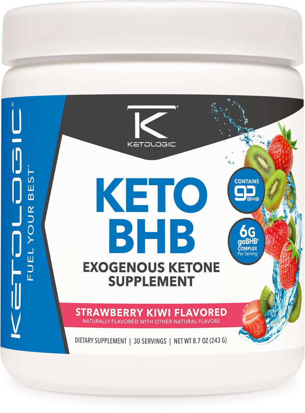 Ketologic Keto BHB Strawberry Kiwi bottle front for easy daily ketone support.