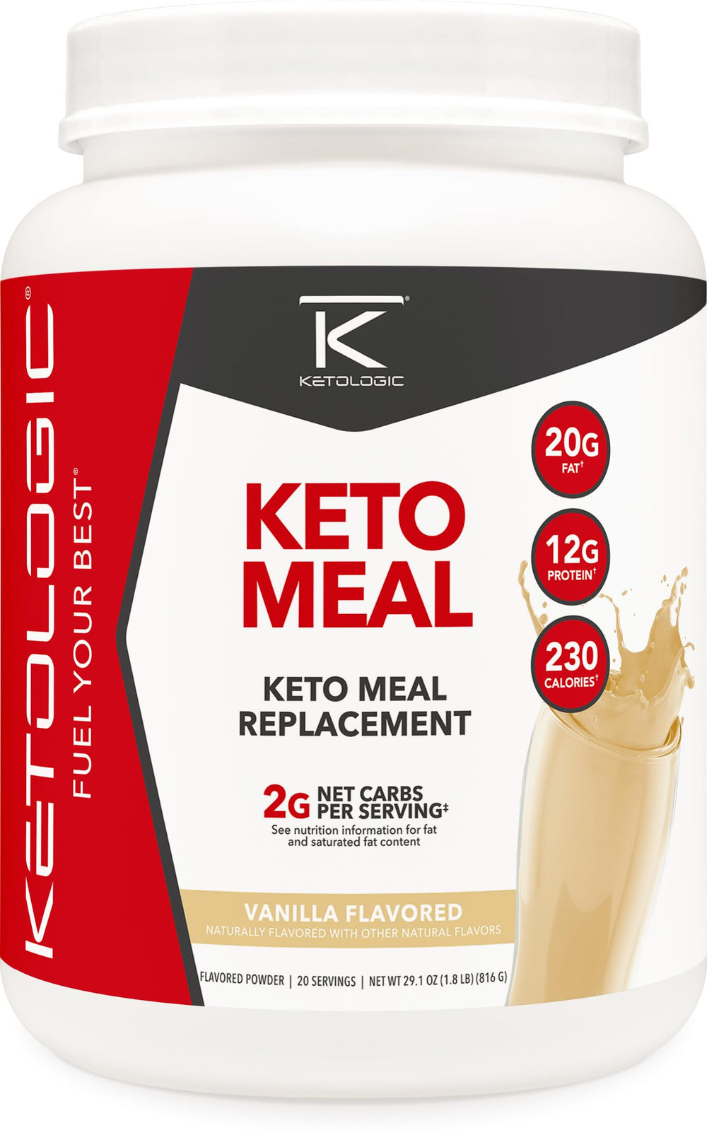 Ketologic KetoMeal vanilla powder in a tub for quick, satisfying meal replacement.
