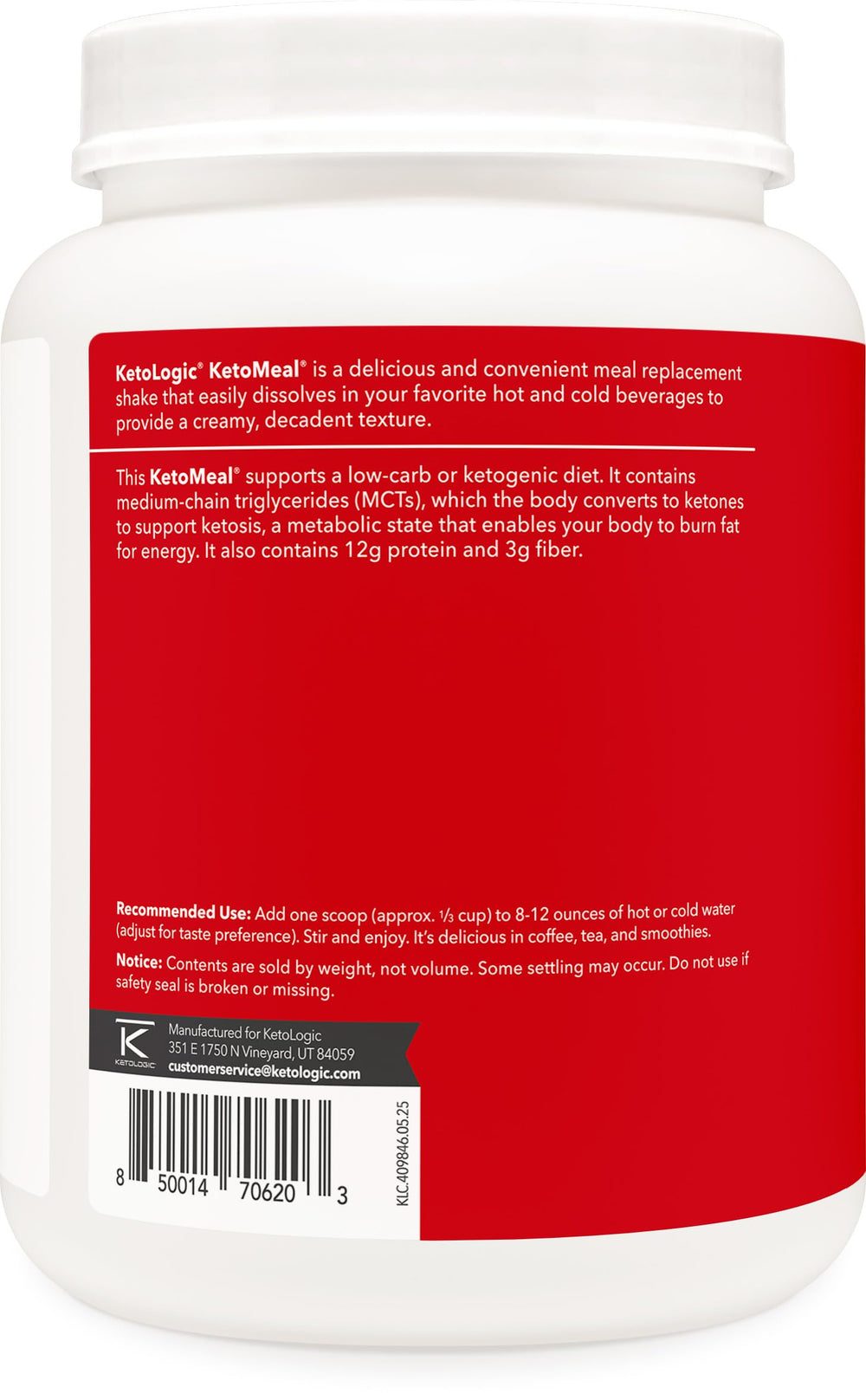 Ketologic Keto Meal Replacement Shake ingredients label emphasizes MCT oil and grass-fed whey