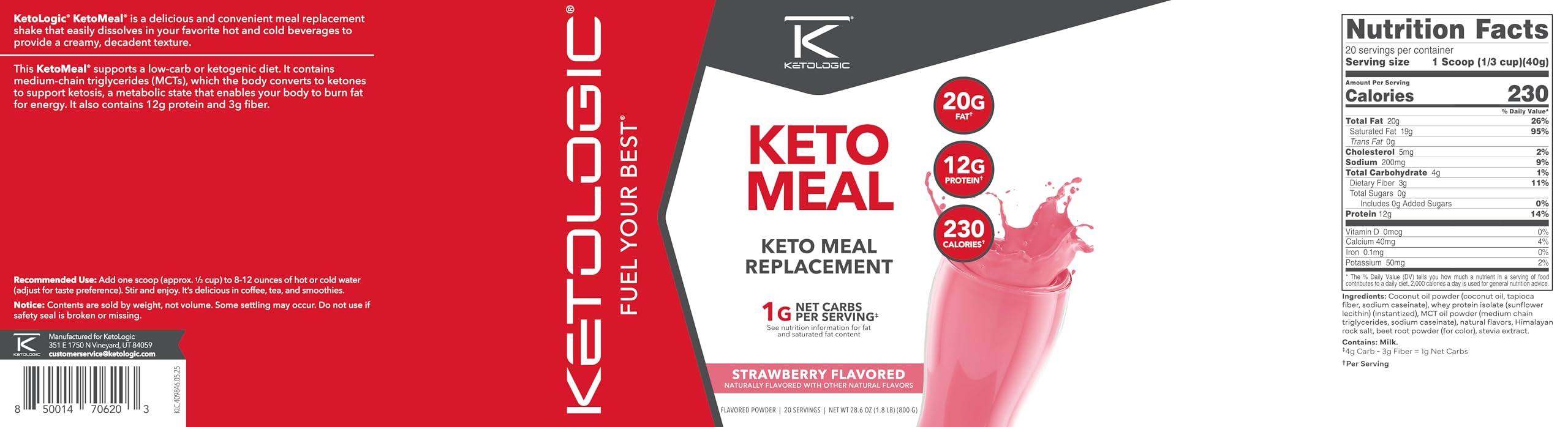 Ketologic Keto Meal Replacement Shake serving glass shows a refreshing strawberry shake ready to enjoy