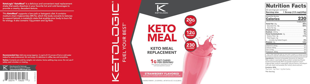 Ketologic Keto Meal Replacement Shake serving glass shows a refreshing strawberry shake ready to enjoy