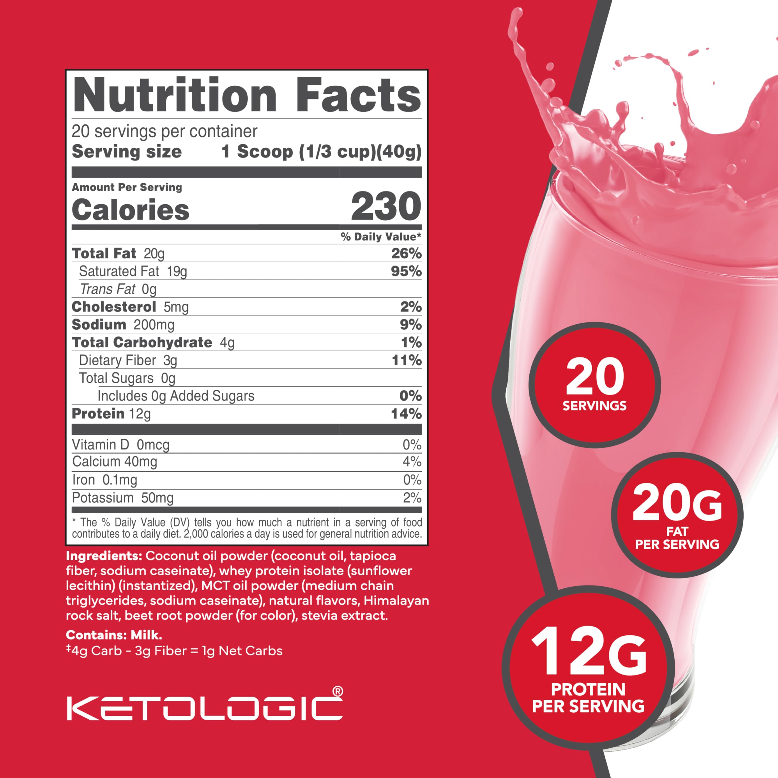 Ketologic Keto Meal Replacement Shake Strawberry scoop suggests quick, measured servings for travel