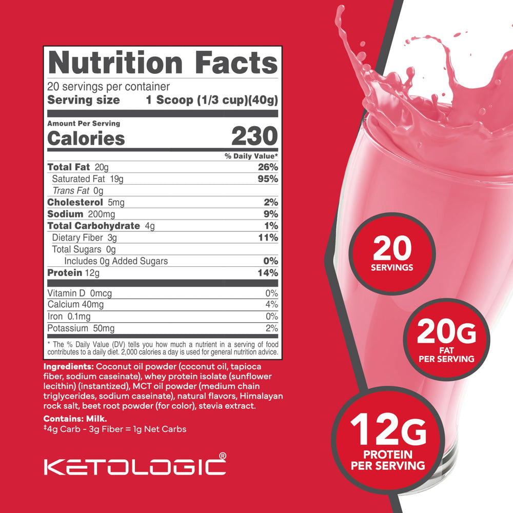 Ketologic Keto Meal Replacement Shake Strawberry scoop suggests quick, measured servings for travel