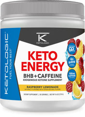 Ketologic KetoEnergy Raspberry Lemonade bottle with scoop ready for an energy-boosting workout.