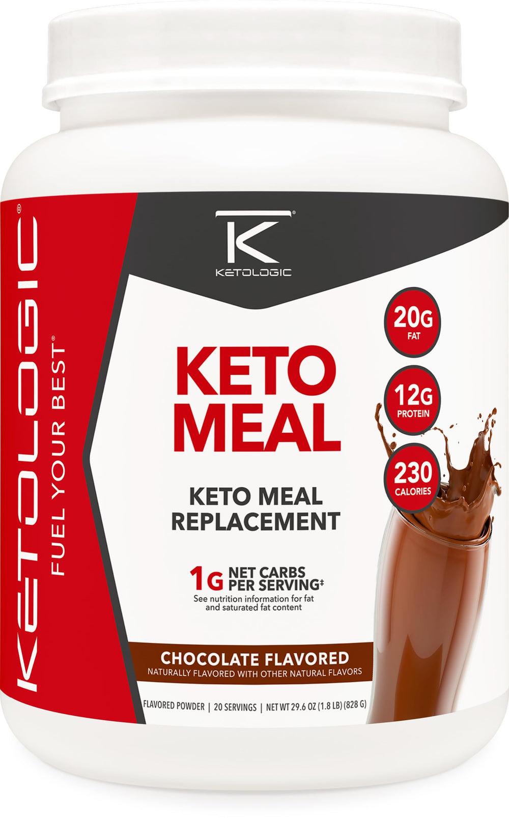 Ketologic Ketomeal MRP chocolate packaging highlights keto friendly macros.