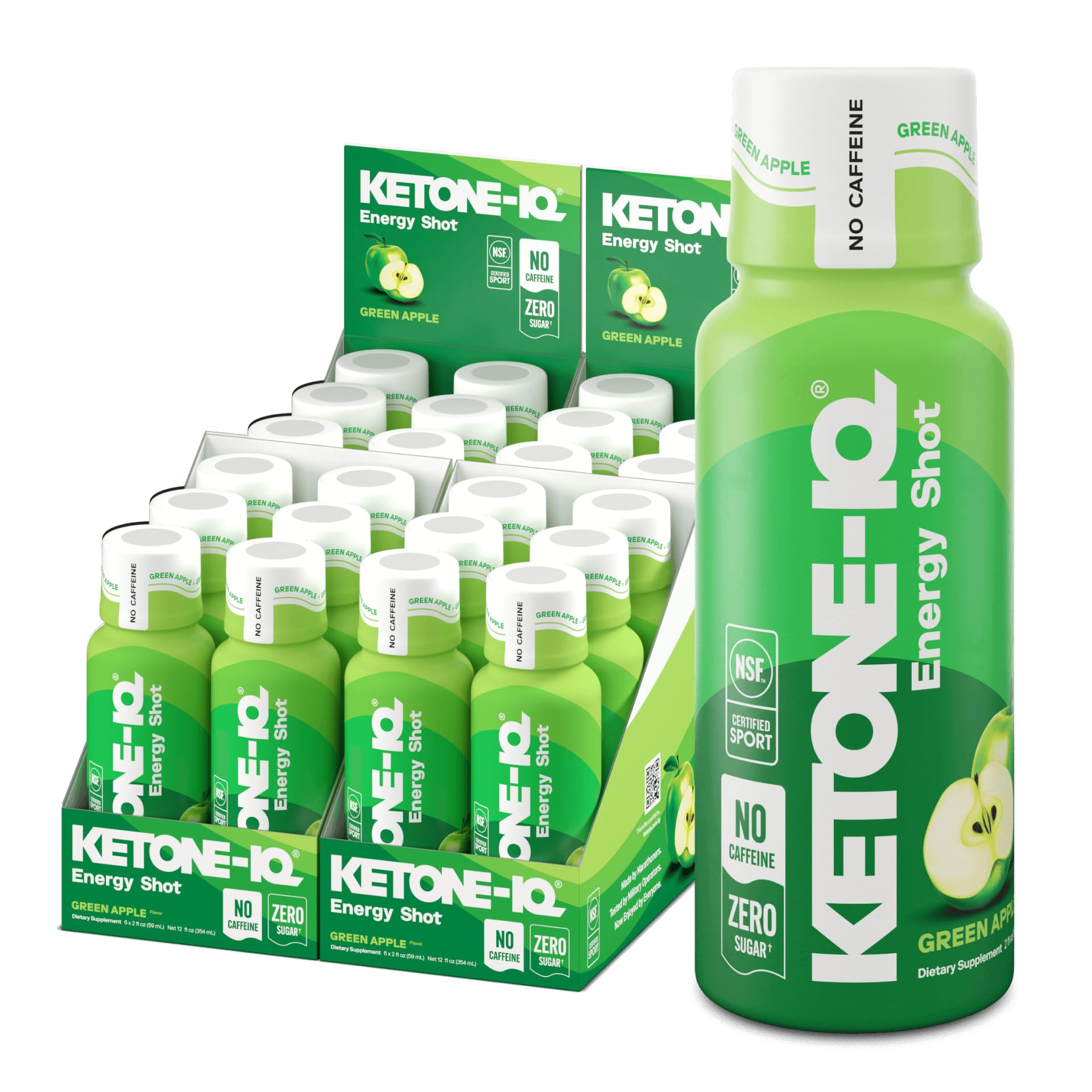 Ketone-IQ No Caffeine Shot bottle in green apple flavor, delivering sustained energy.