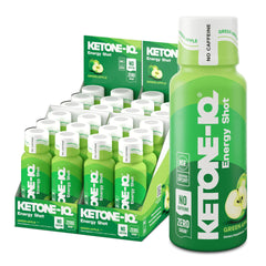 Ketone-IQ No Caffeine Shot bottle in green apple flavor, delivering sustained energy.