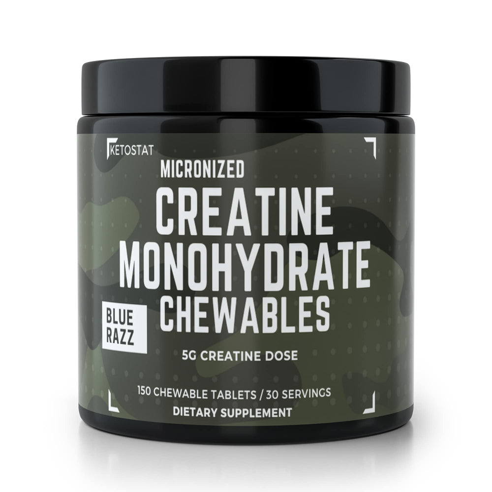 Ketostat Creatine Chews Sour Razz bottle closeup showing convenient 5g per chew