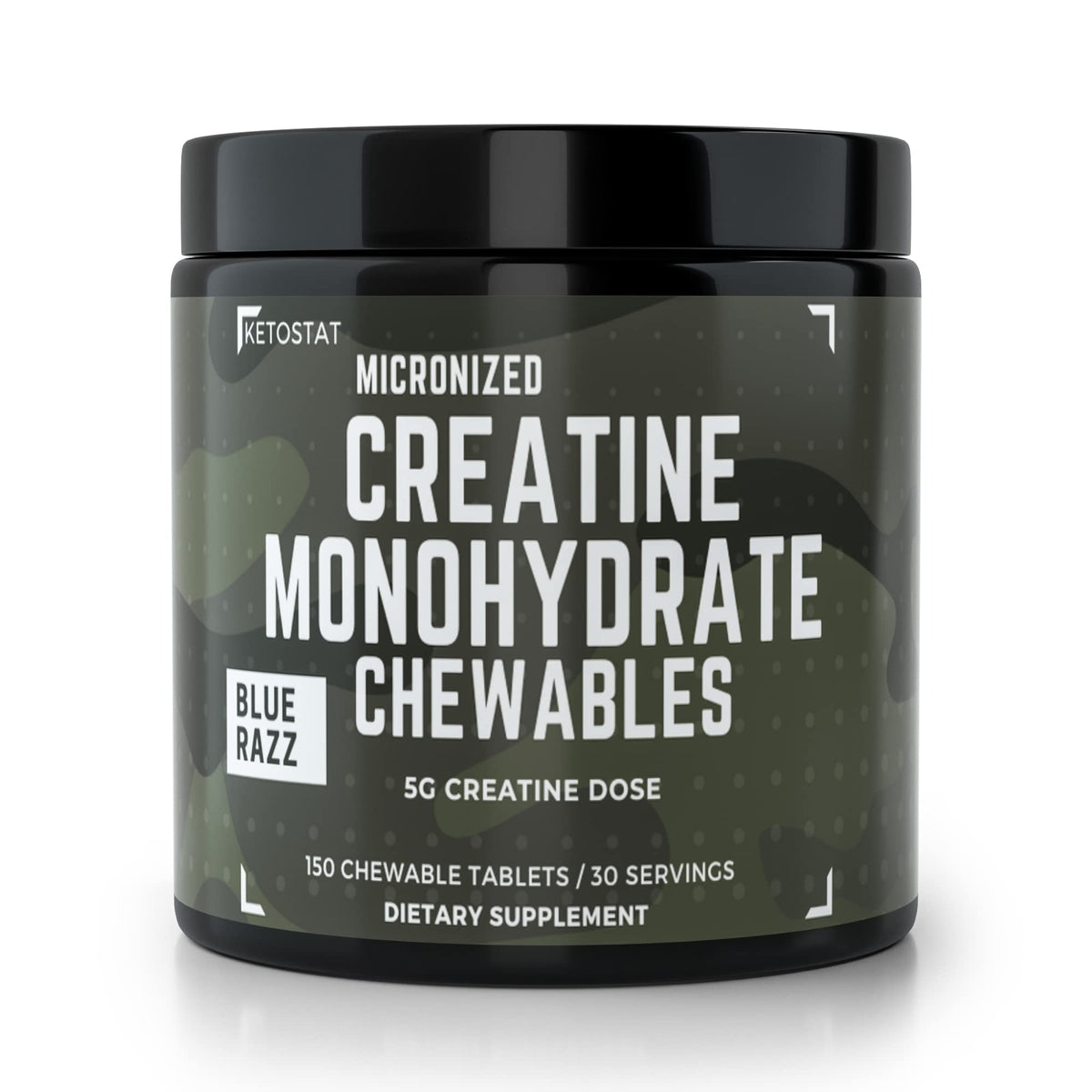 Ketostat Creatine Chews Sour Razz bottle closeup showing convenient 5g per chew