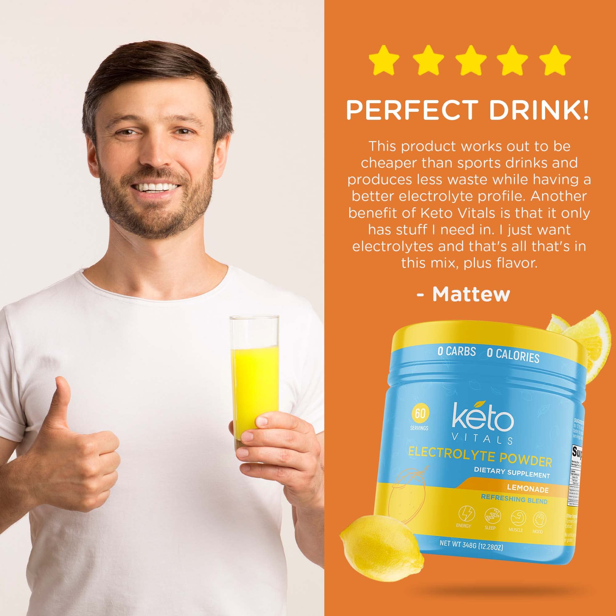 Keto Vitals electrolytes powder packaging emphasizes sugar-free, zero calories, zero carbs.