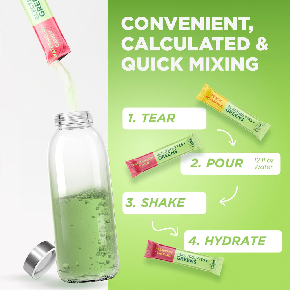 Ketovitals Keto Electrolytes + Greens powder in a glass featuring sugar-free hydration