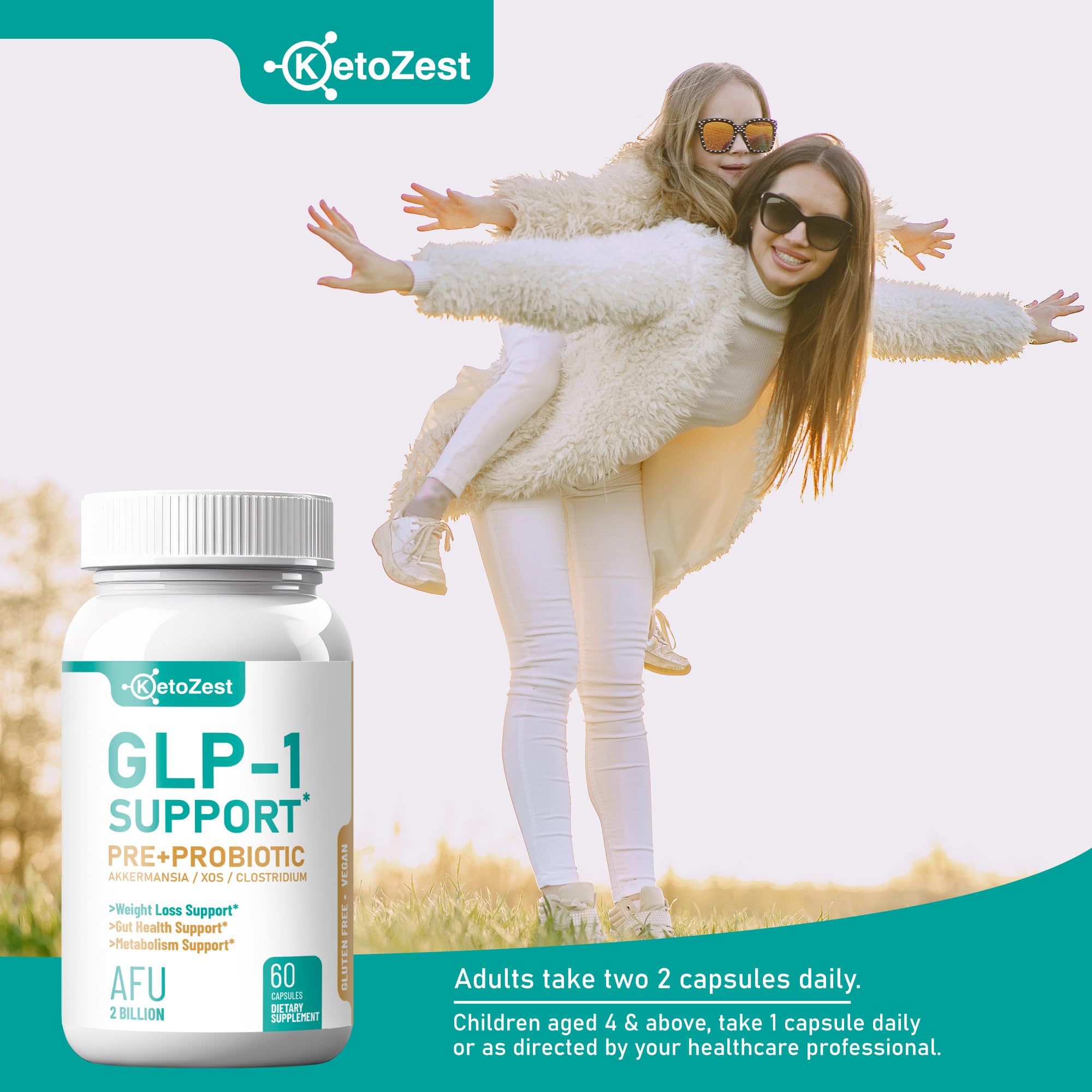 KetoZest GLP-1 Support closeup featuring 2B AFU for stable gut environment.