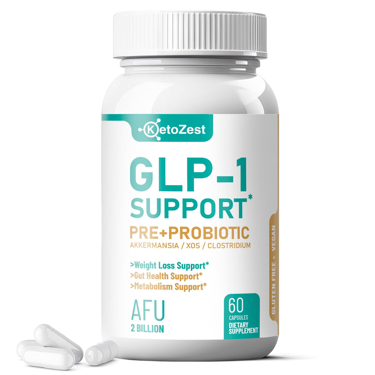 KetoZest GLP-1 Support bottle label promoting gut balance and metabolic wellness.