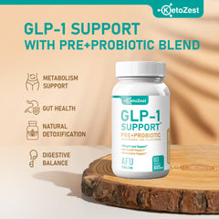 KetoZest GLP-1 Support capsules closeup highlighting 2B AFU for gut balance.