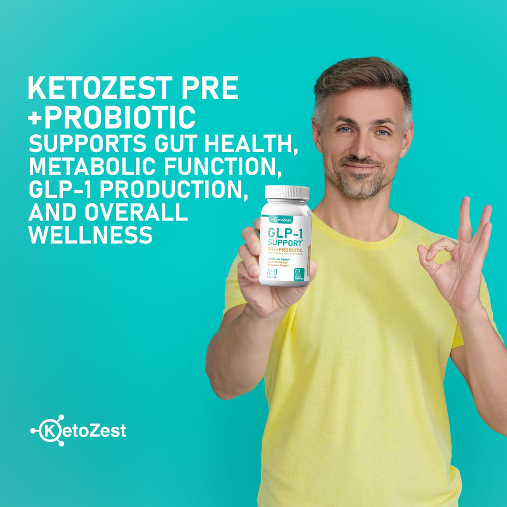 KetoZest GLP-1 Support bottle lifestyle scene suggesting daily digestive comfort.