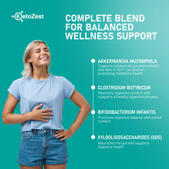 KetoZest GLP-1 Support XOS prebiotic visual emphasizes digestive rhythm support.