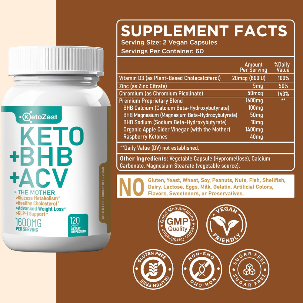 KetoZest capsule bottle with ingredient icons highlights D3, zinc, chromium
