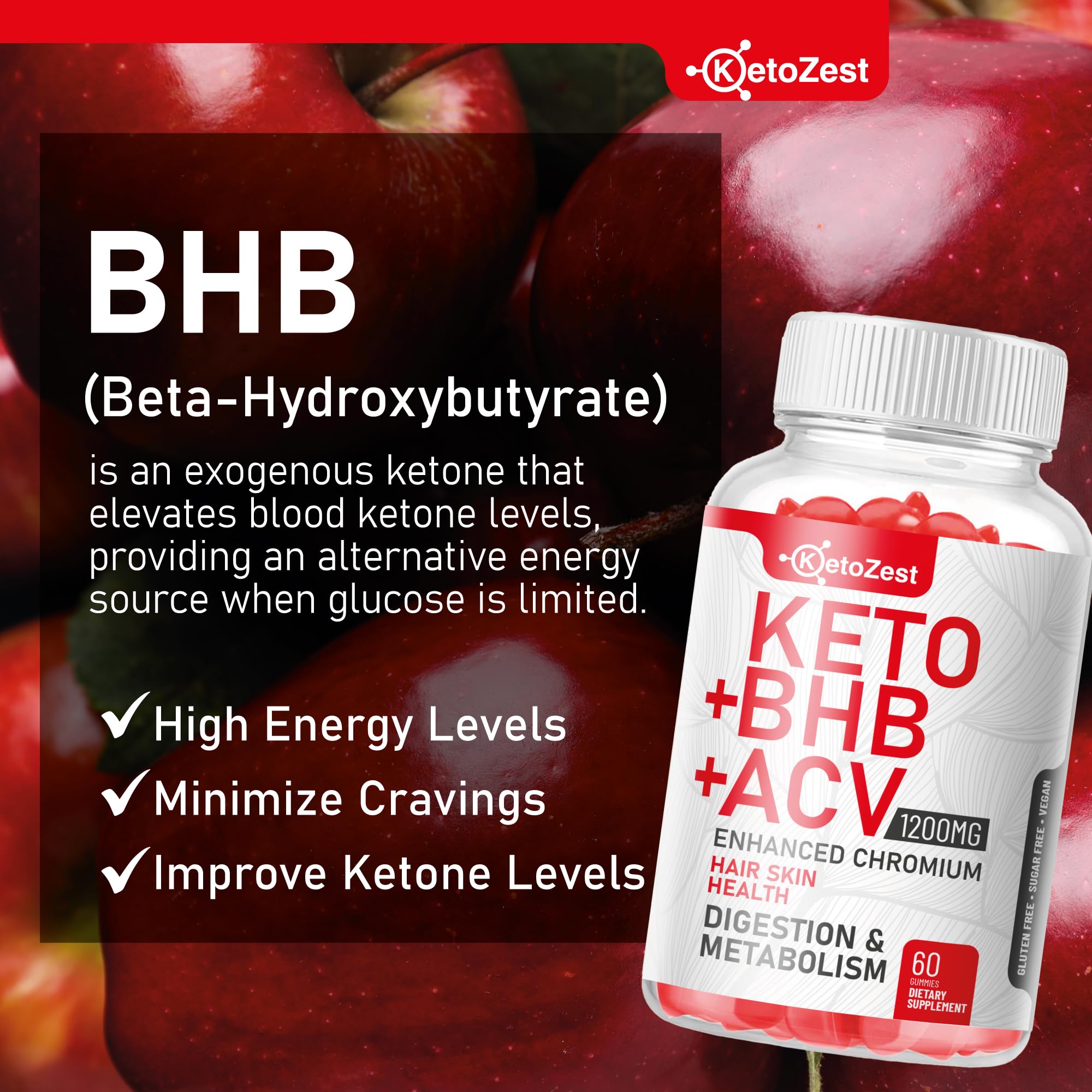 KetoZest Keto ACV BHB Gummies bottle back lists Vitamin D3 and zinc benefits.