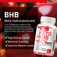 KetoZest Keto ACV BHB Gummies bottle back lists Vitamin D3 and zinc benefits.