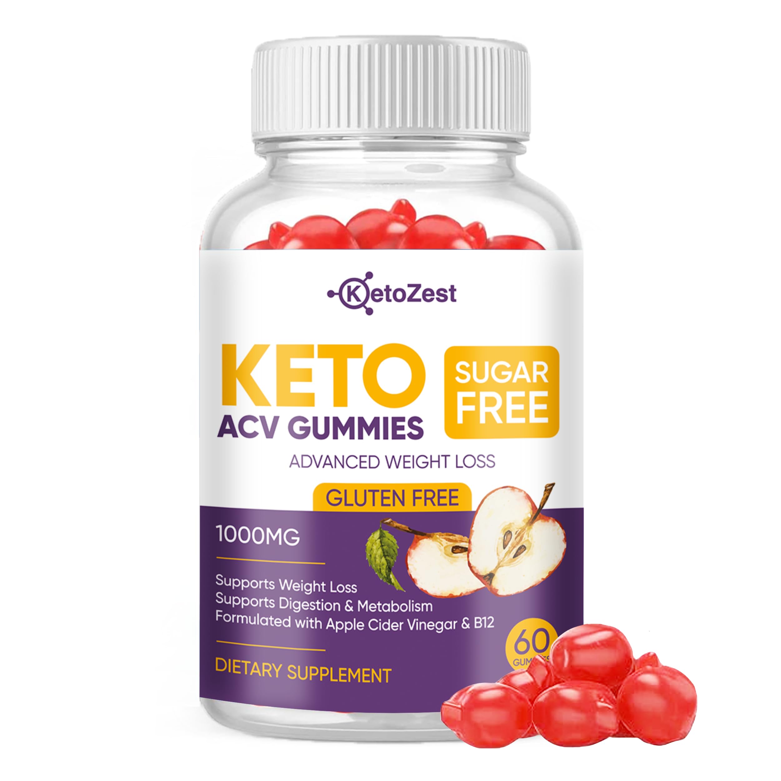 KetoZest Keto ACV Gummies bottle shows a 60-count gluten-free and sugar-free option.