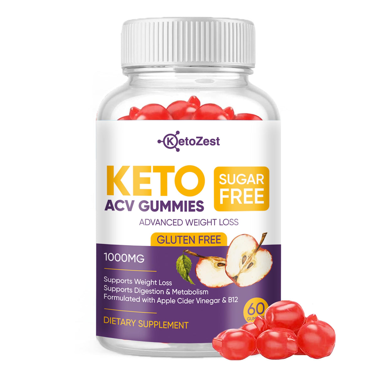 KetoZest Keto ACV Gummies bottle shows a 60-count gluten-free and sugar-free option.