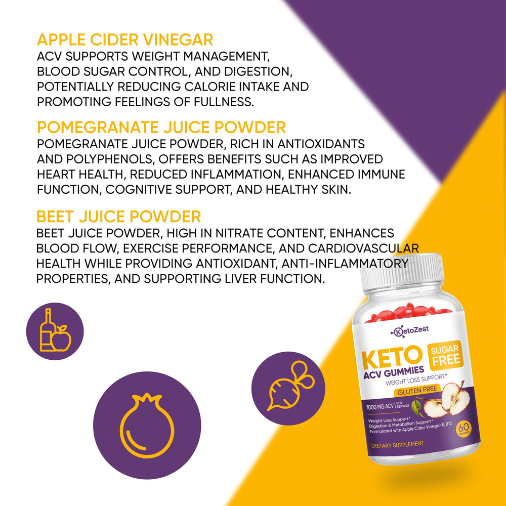 KetoZest ingredient icons on pack featuring apple cider vinegar and B12.