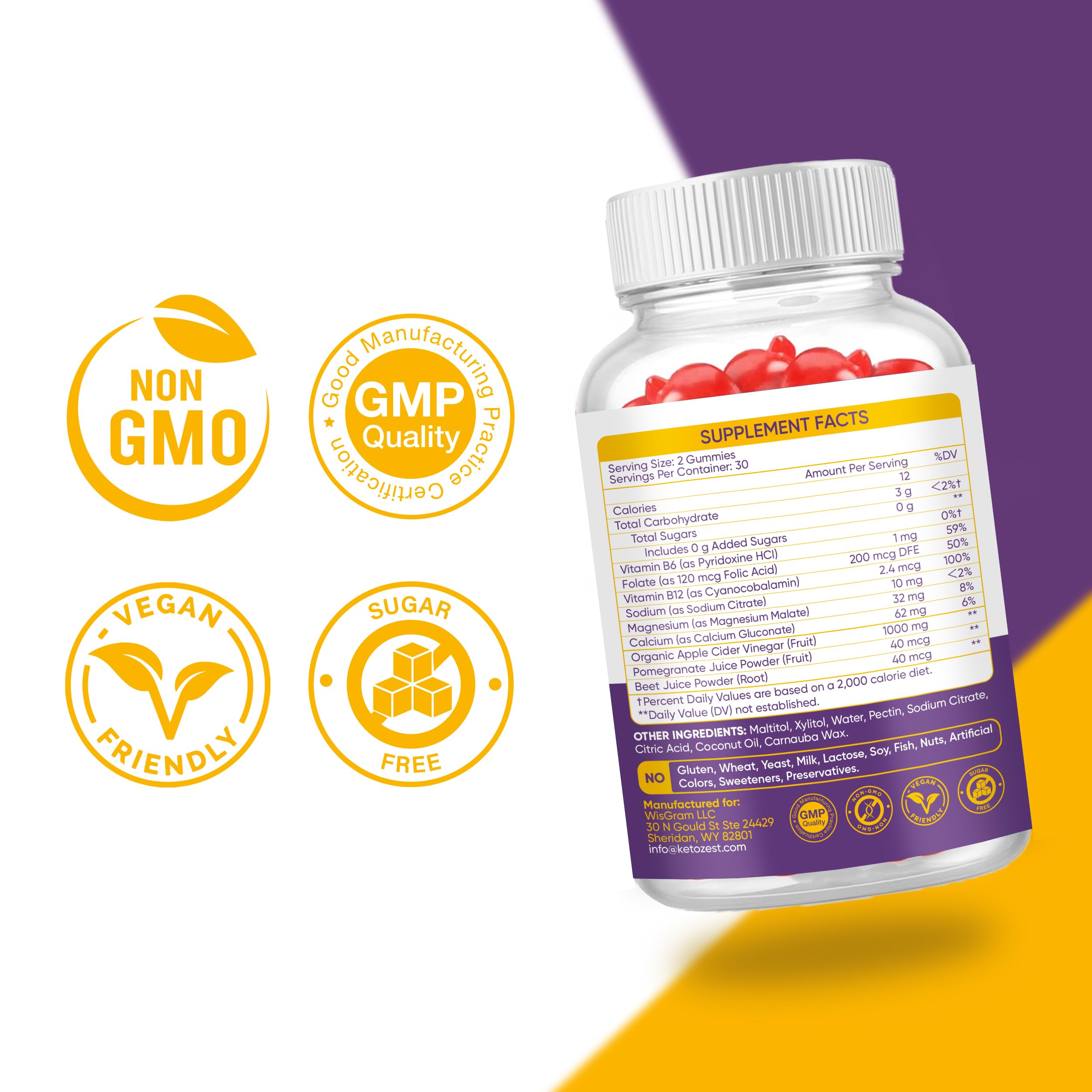 KetoZest Keto ACV Gummies label closeup showing gluten-free, GMO-free formula.