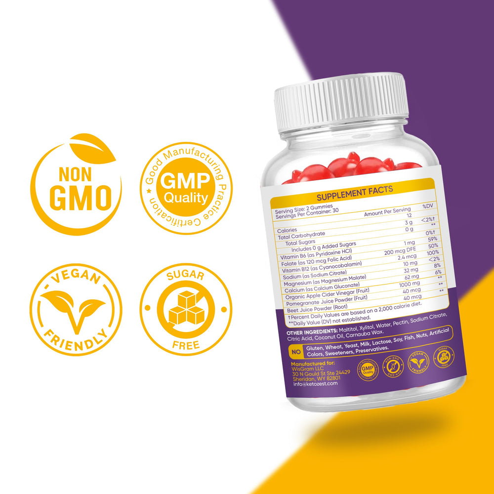 KetoZest Keto ACV Gummies label closeup showing gluten-free, GMO-free formula.
