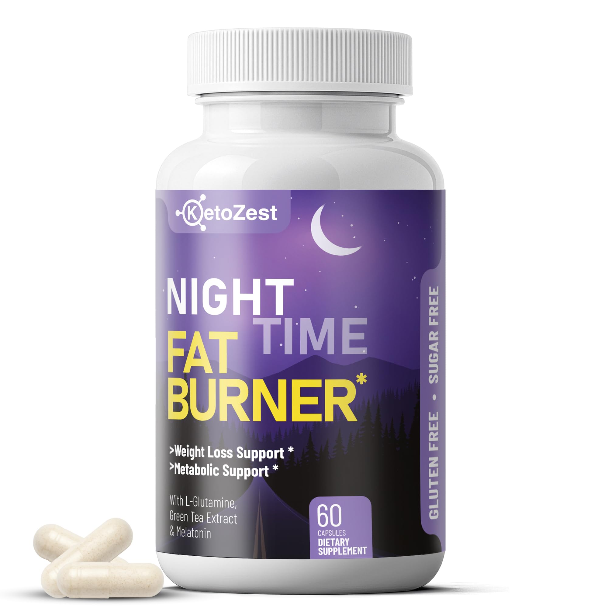 KetoZest Nighttime Fat Burner bottle highlights evening weight support.