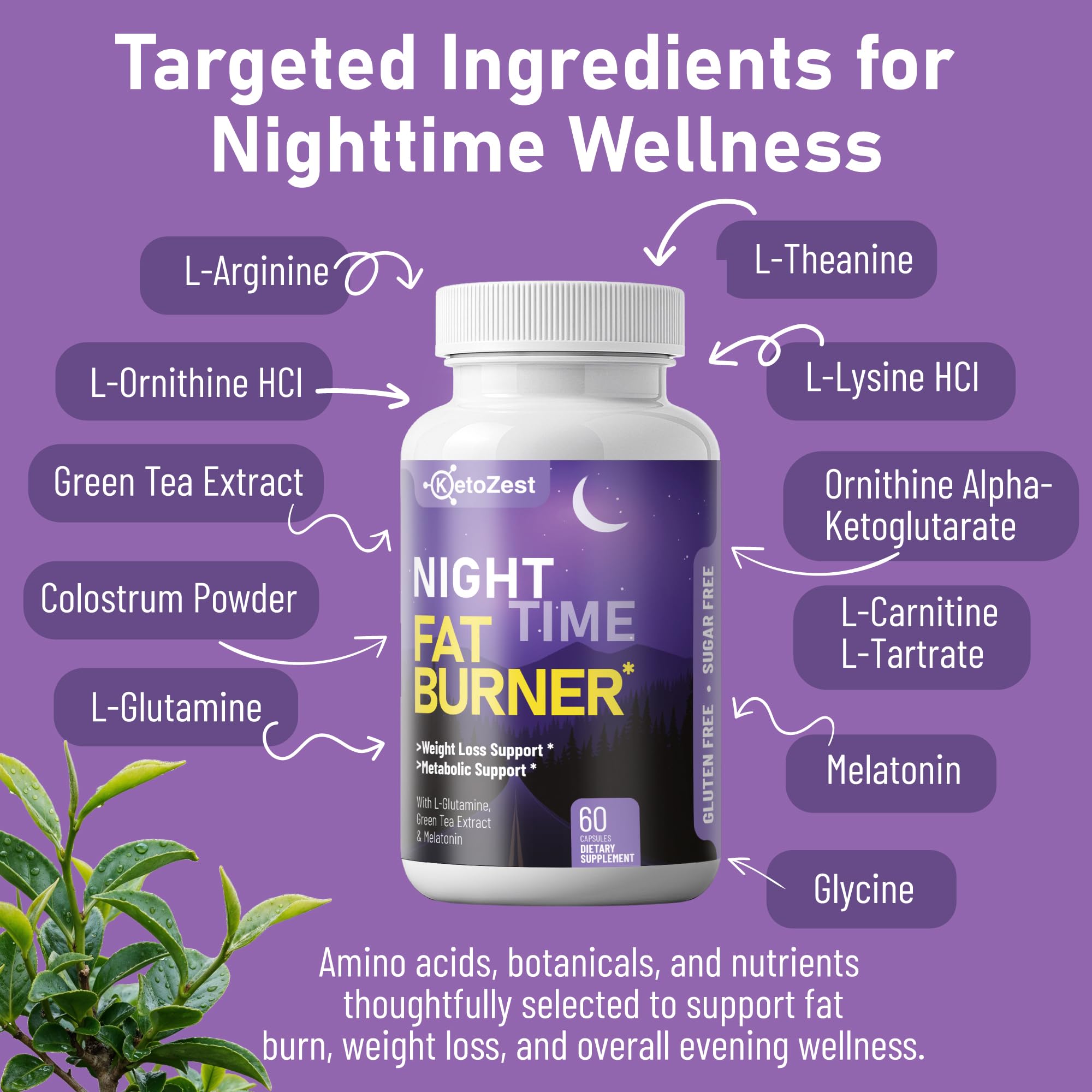 KetoZest Nighttime Fat Burner packaging box showing gluten-free and non-GMO claims.