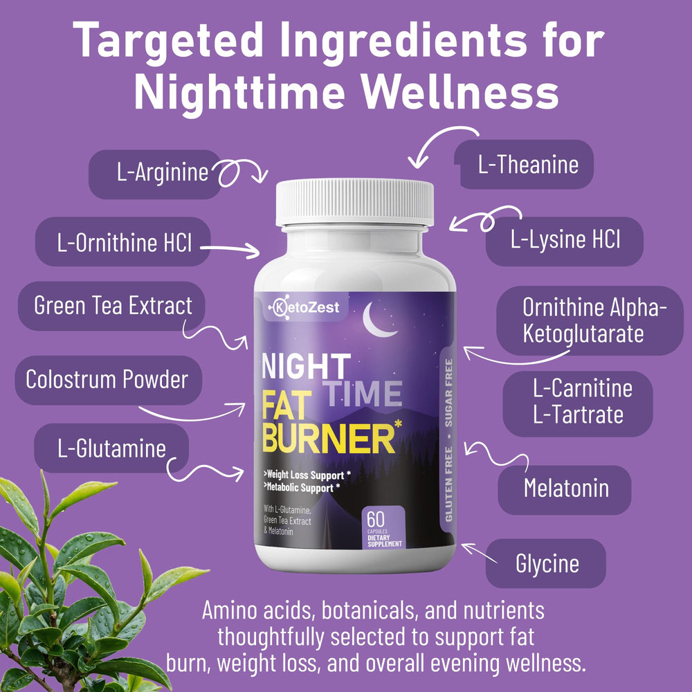 KetoZest Nighttime Fat Burner packaging box showing gluten-free and non-GMO claims.