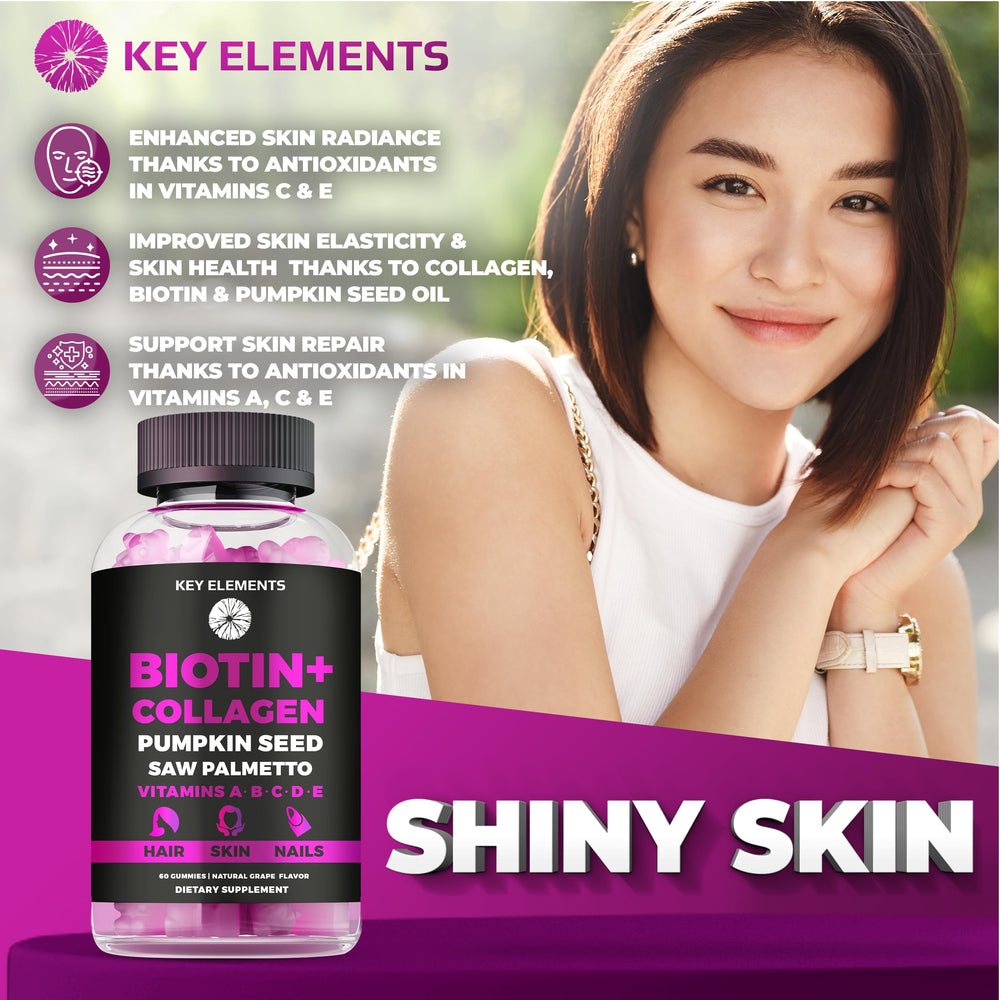 Key Elements biotin 10000mcg gummies bottle with nail health benefits.